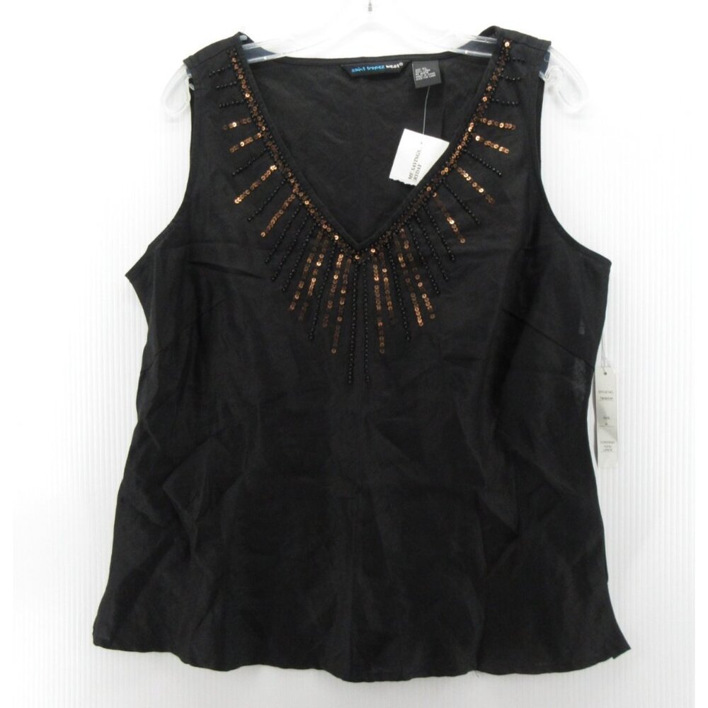 St Tropez West Top XL Linen Blouse Embellished Sequin Beaded NEW